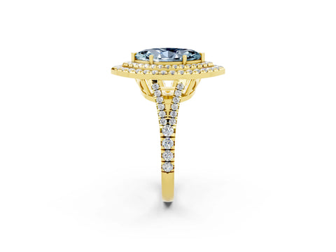 Yellow gold Marquise Cut Aquamarine Double Halo Ring with Pavé Band and Prong Setting_14