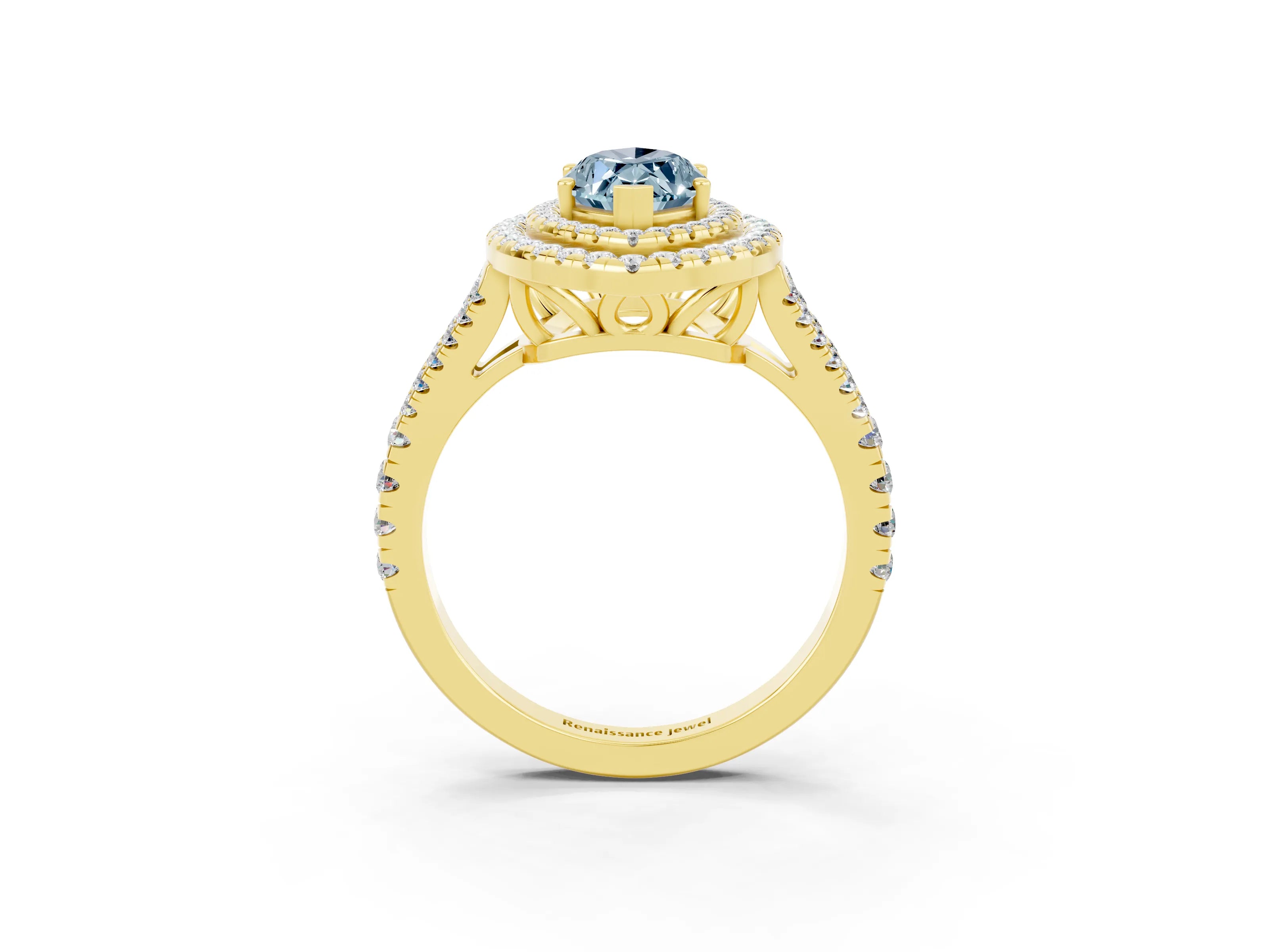 Yellow gold Marquise Cut Aquamarine Double Halo Ring with Pavé Band and Prong Setting_15