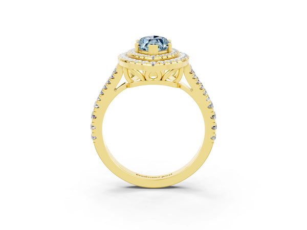 Yellow gold Marquise Cut Aquamarine Double Halo Ring with Pavé Band and Prong Setting
