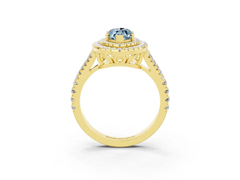 Yellow gold Marquise Cut Aquamarine Double Halo Ring with Pavé Band and Prong Setting_15