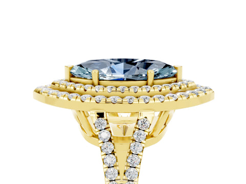 Yellow gold Marquise Cut Aquamarine Double Halo Ring with Pavé Band and Prong Setting_17