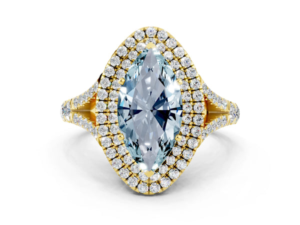 Yellow gold Marquise Cut Aquamarine Double Halo Ring with Split Shank and Prong Setting