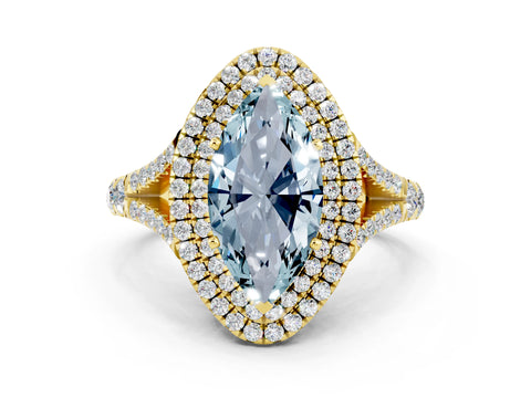 Yellow gold Marquise Cut Aquamarine Double Halo Ring with Split Shank and Prong Setting_12