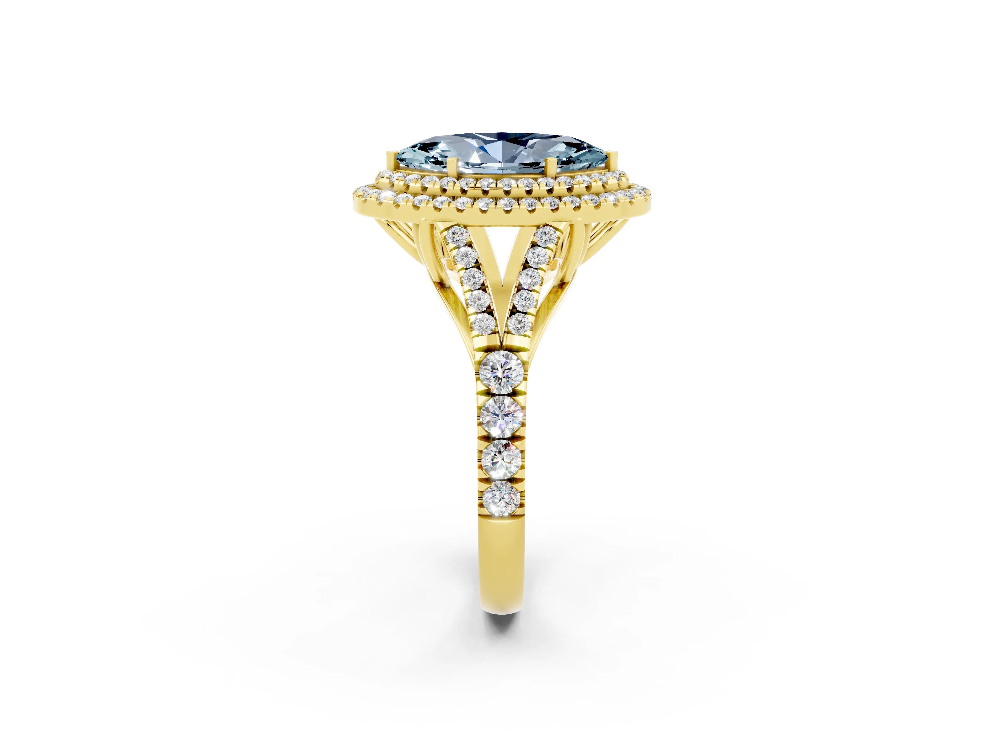 Yellow gold Marquise Cut Aquamarine Double Halo Ring with Split Shank and Prong Setting_14