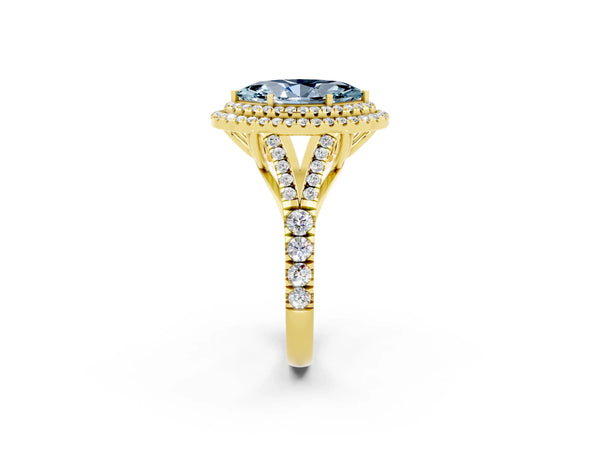 Yellow gold Marquise Cut Aquamarine Double Halo Ring with Split Shank and Prong Setting