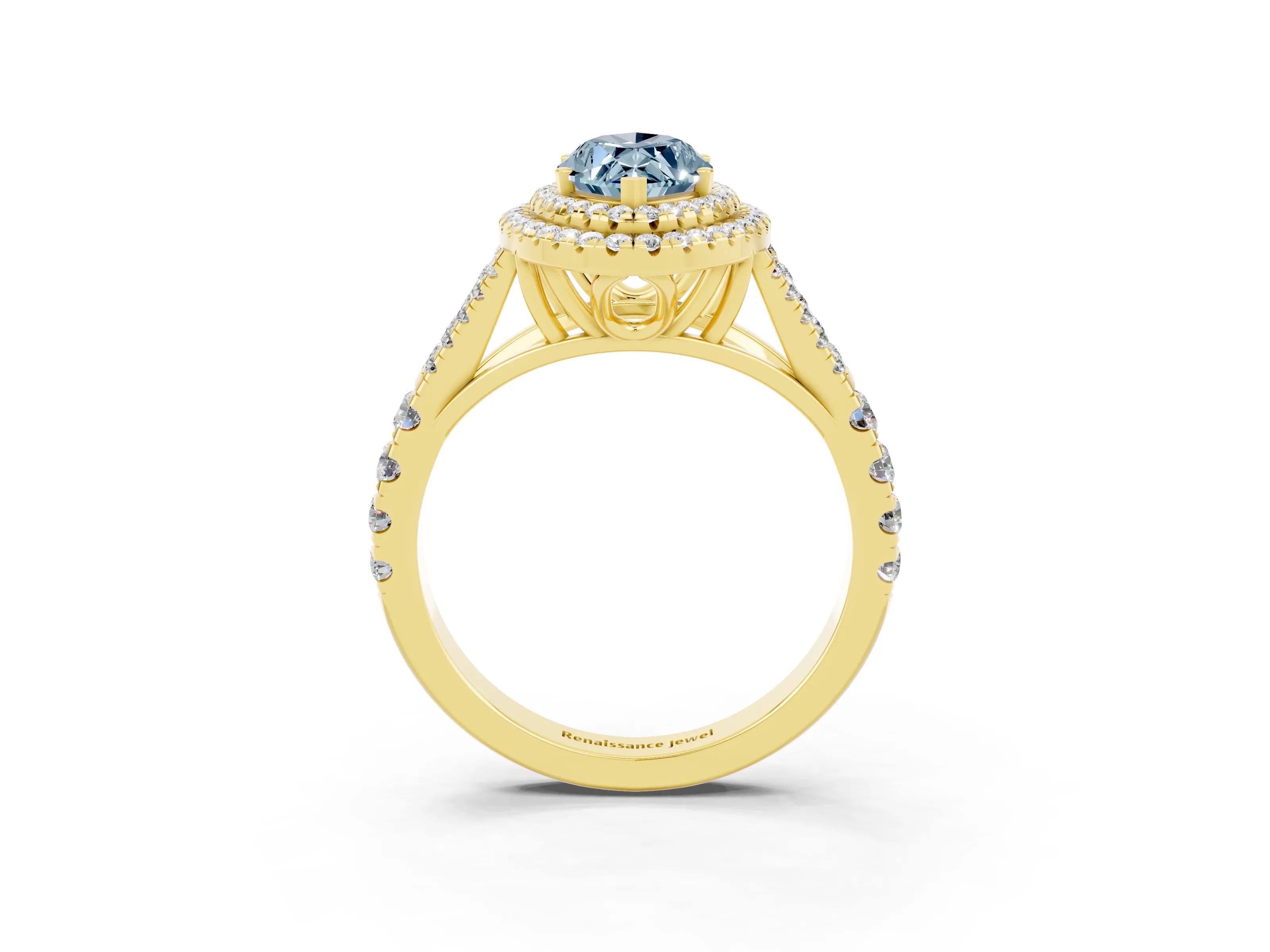Yellow gold Marquise Cut Aquamarine Double Halo Ring with Split Shank and Prong Setting_15