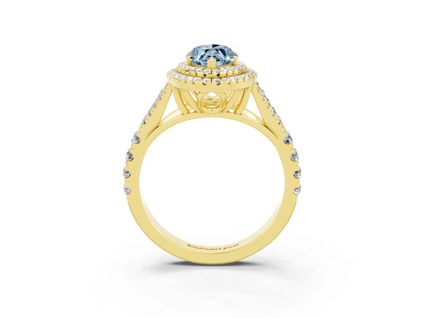 Yellow gold Marquise Cut Aquamarine Double Halo Ring with Split Shank and Prong Setting