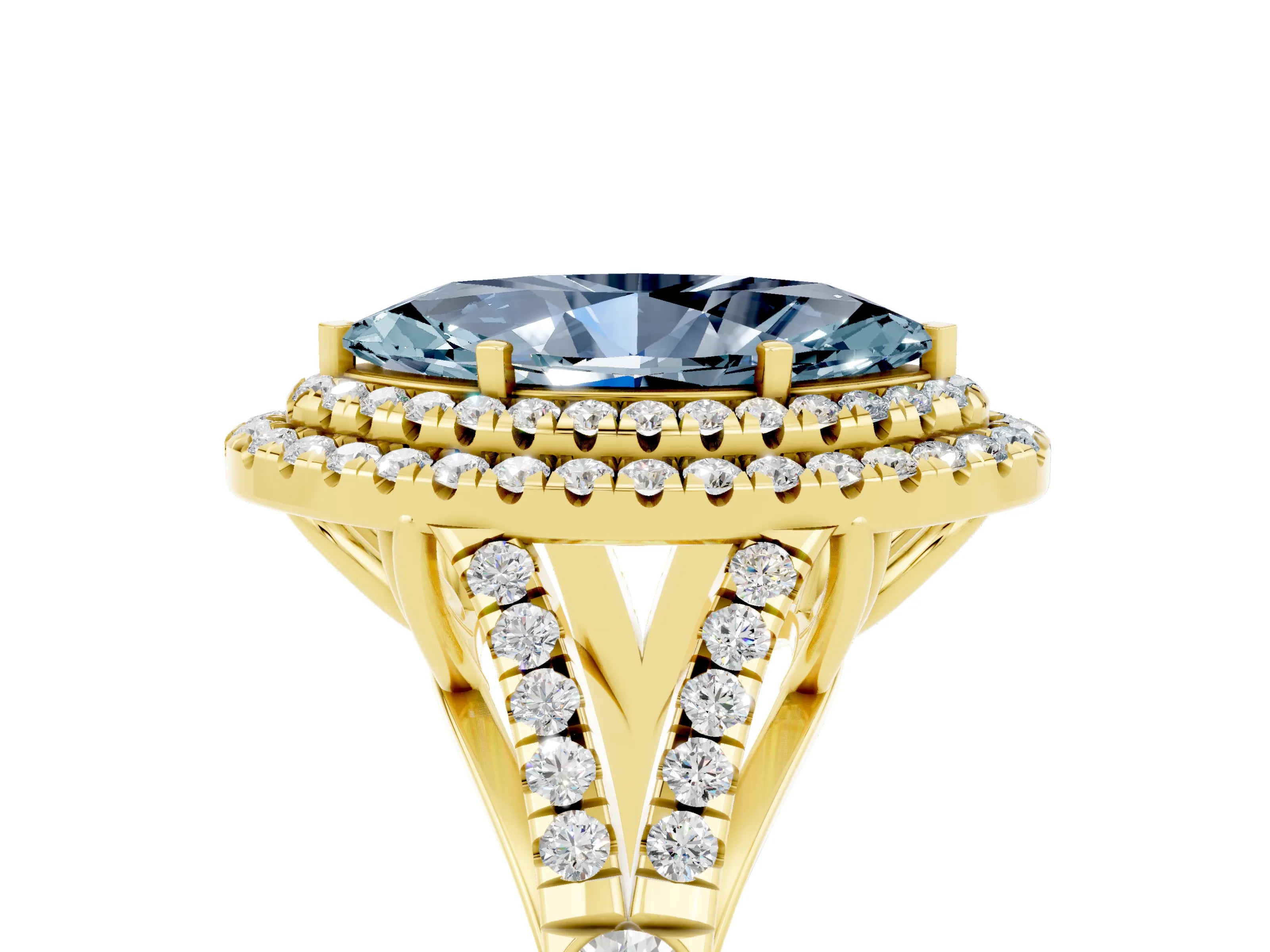 Yellow gold Marquise Cut Aquamarine Double Halo Ring with Split Shank and Prong Setting_17