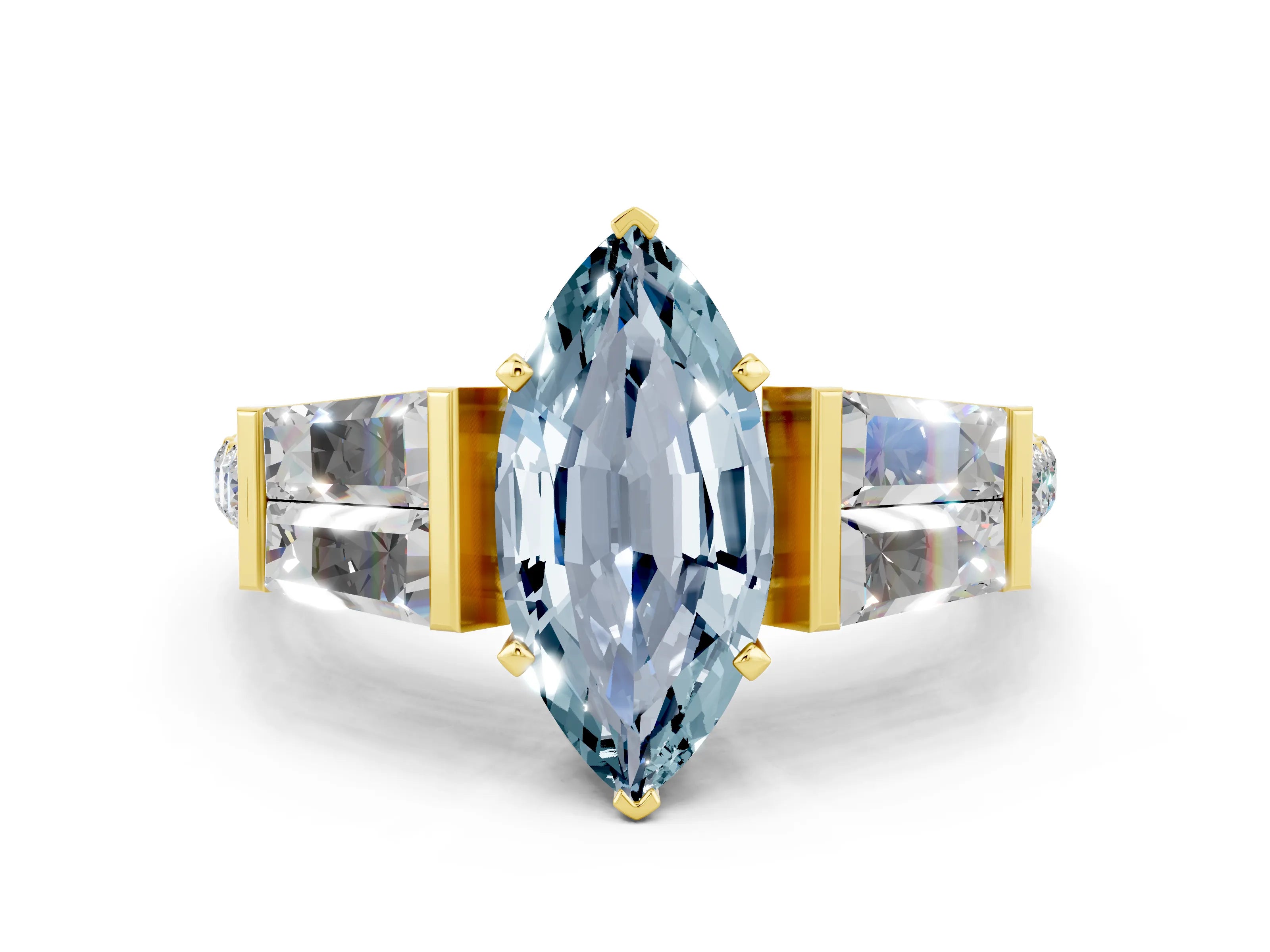 Yellow gold Marquise Cut Aquamarine Engagement Ring with Baguette Side Stones and Channel Set Band