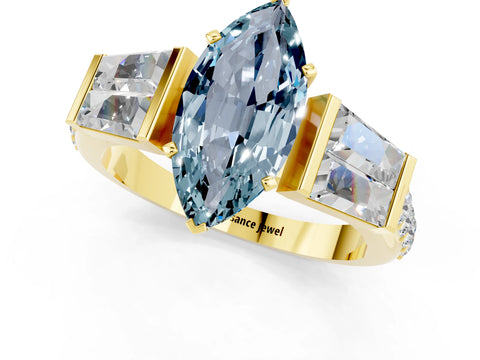 Yellow gold Marquise Cut Aquamarine Engagement Ring with Baguette Side Stones and Channel Set Band_1