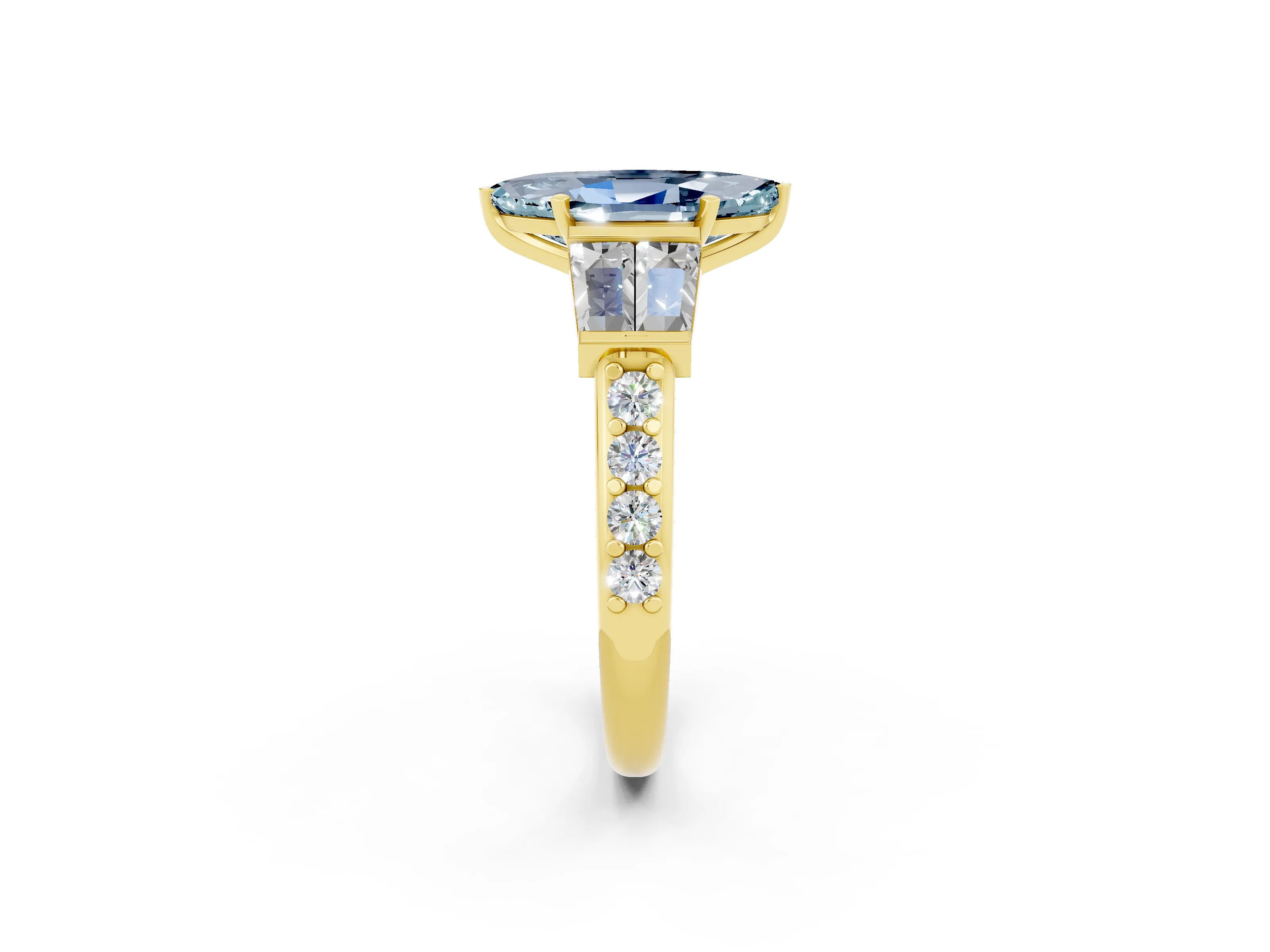 Yellow gold Marquise Cut Aquamarine Engagement Ring with Baguette Side Stones and Channel Set Band_2