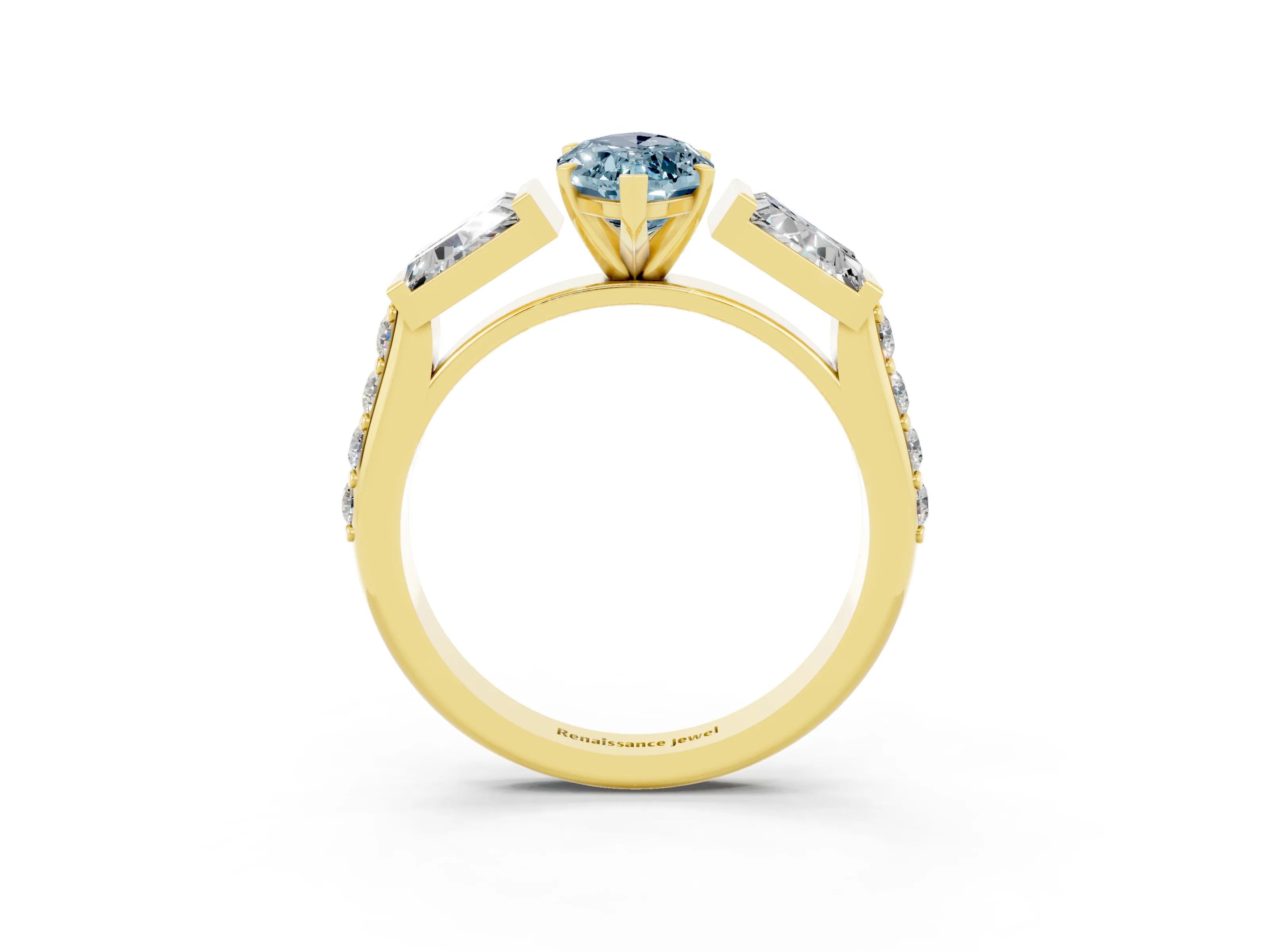 Yellow gold Marquise Cut Aquamarine Engagement Ring with Baguette Side Stones and Channel Set Band_3