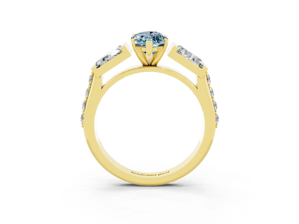 Yellow gold Marquise Cut Aquamarine Engagement Ring with Baguette Side Stones and Channel Set Band