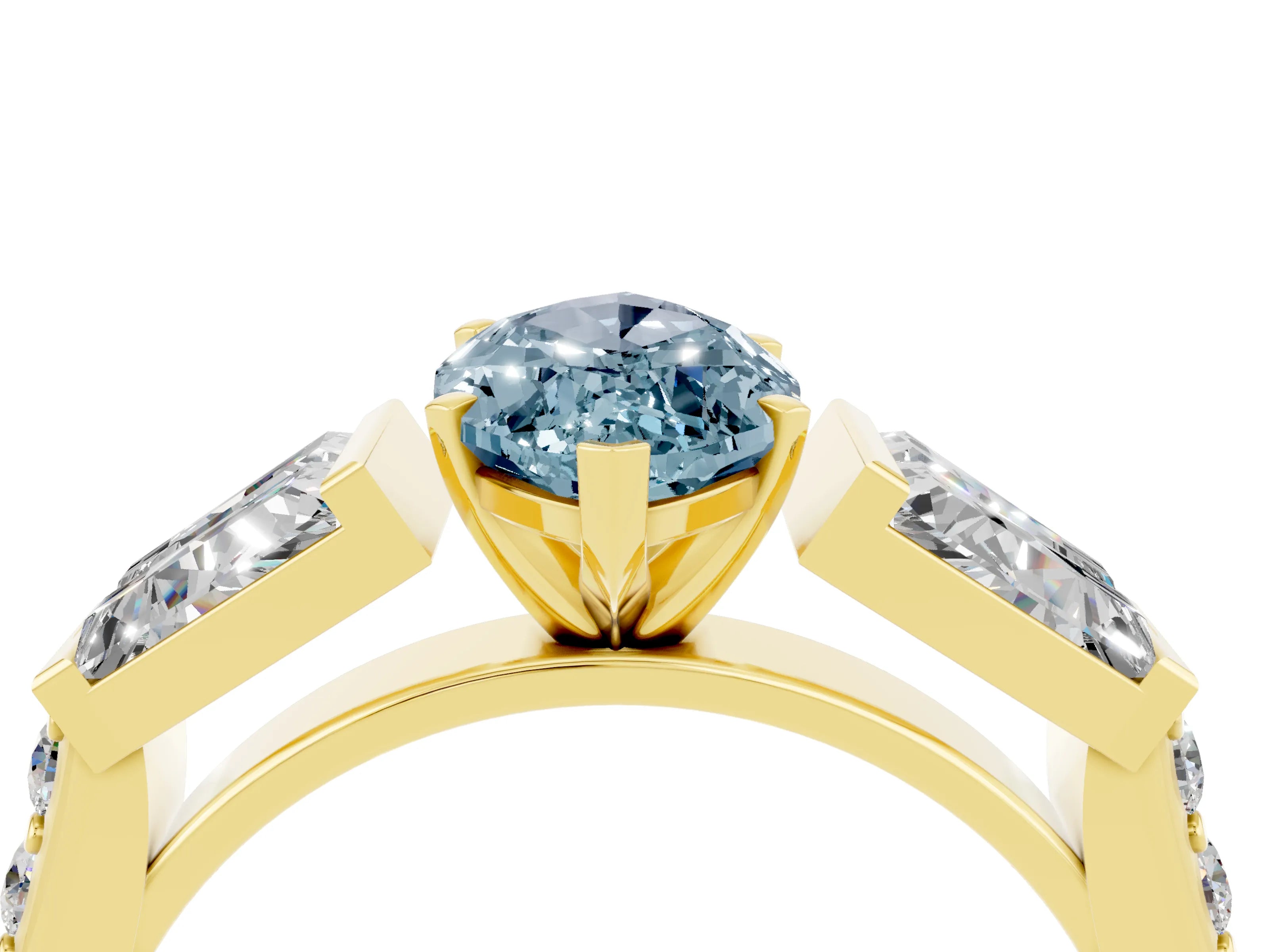 Yellow gold Marquise Cut Aquamarine Engagement Ring with Baguette Side Stones and Channel Set Band_4