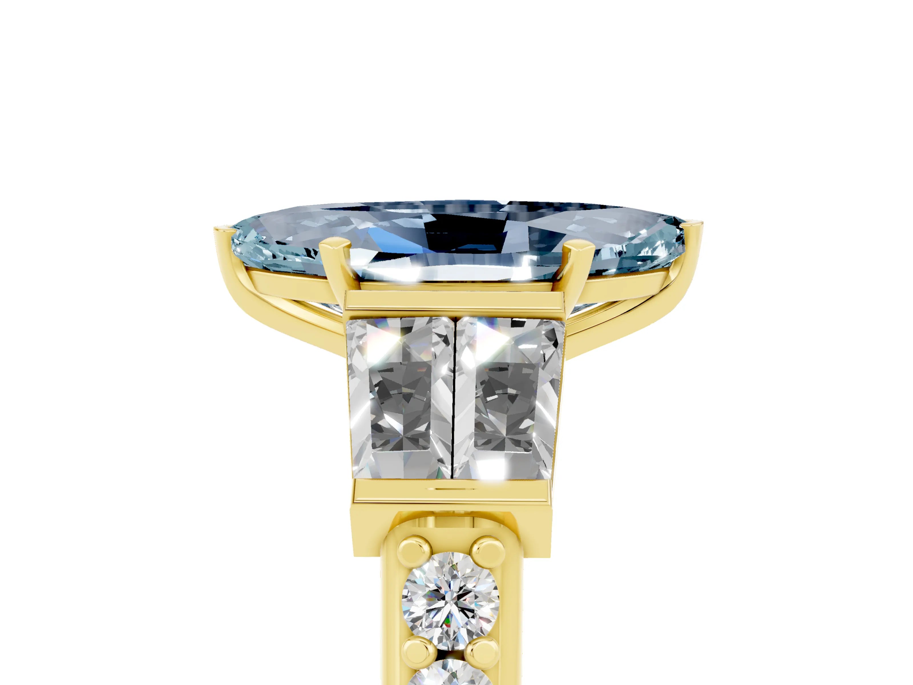 Yellow gold Marquise Cut Aquamarine Engagement Ring with Baguette Side Stones and Channel Set Band_5