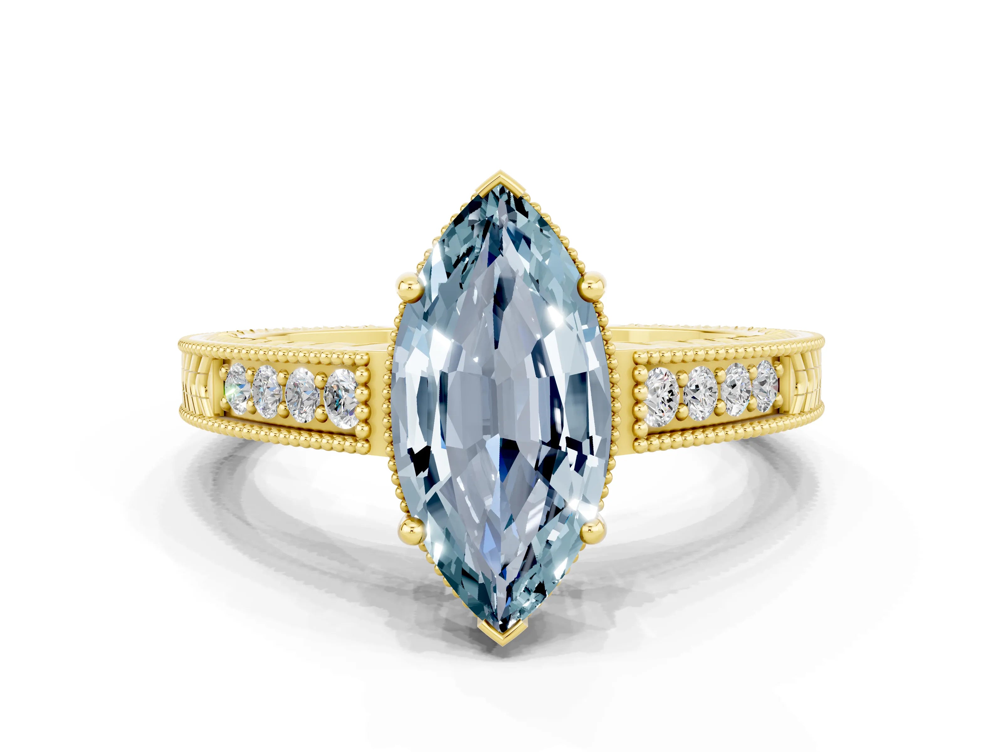 Yellow gold Marquise Cut Aquamarine Engagement Ring with Milgrain Channel Set Band and Prong Setting