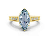 Yellow gold Marquise Cut Aquamarine Engagement Ring with Milgrain Channel Set Band and Prong Setting