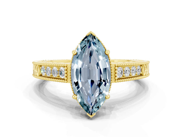 Yellow gold Marquise Cut Aquamarine Engagement Ring with Milgrain Channel Set Band and Prong Setting