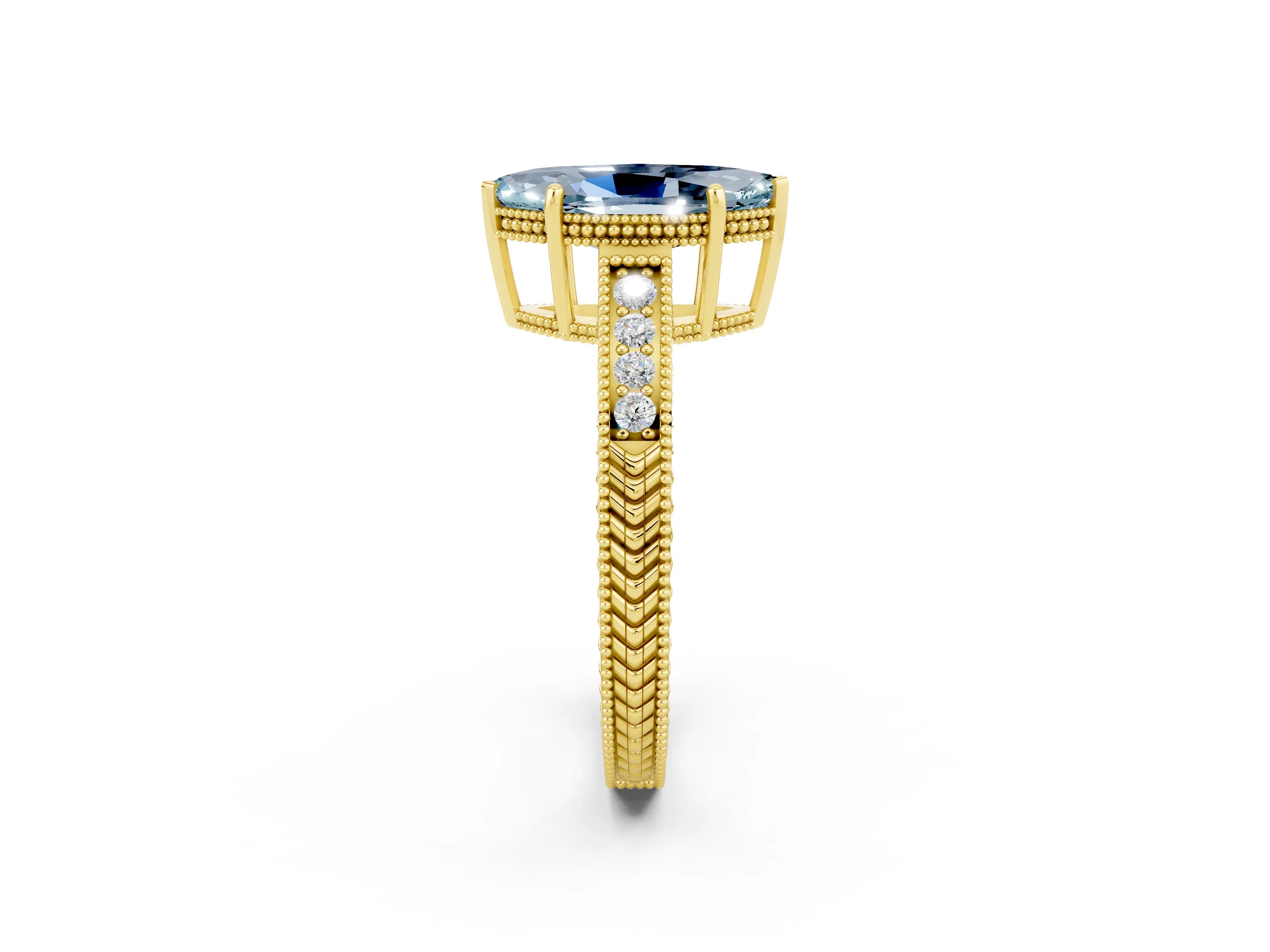 Yellow gold Marquise Cut Aquamarine Engagement Ring with Milgrain Channel Set Band and Prong Setting_2