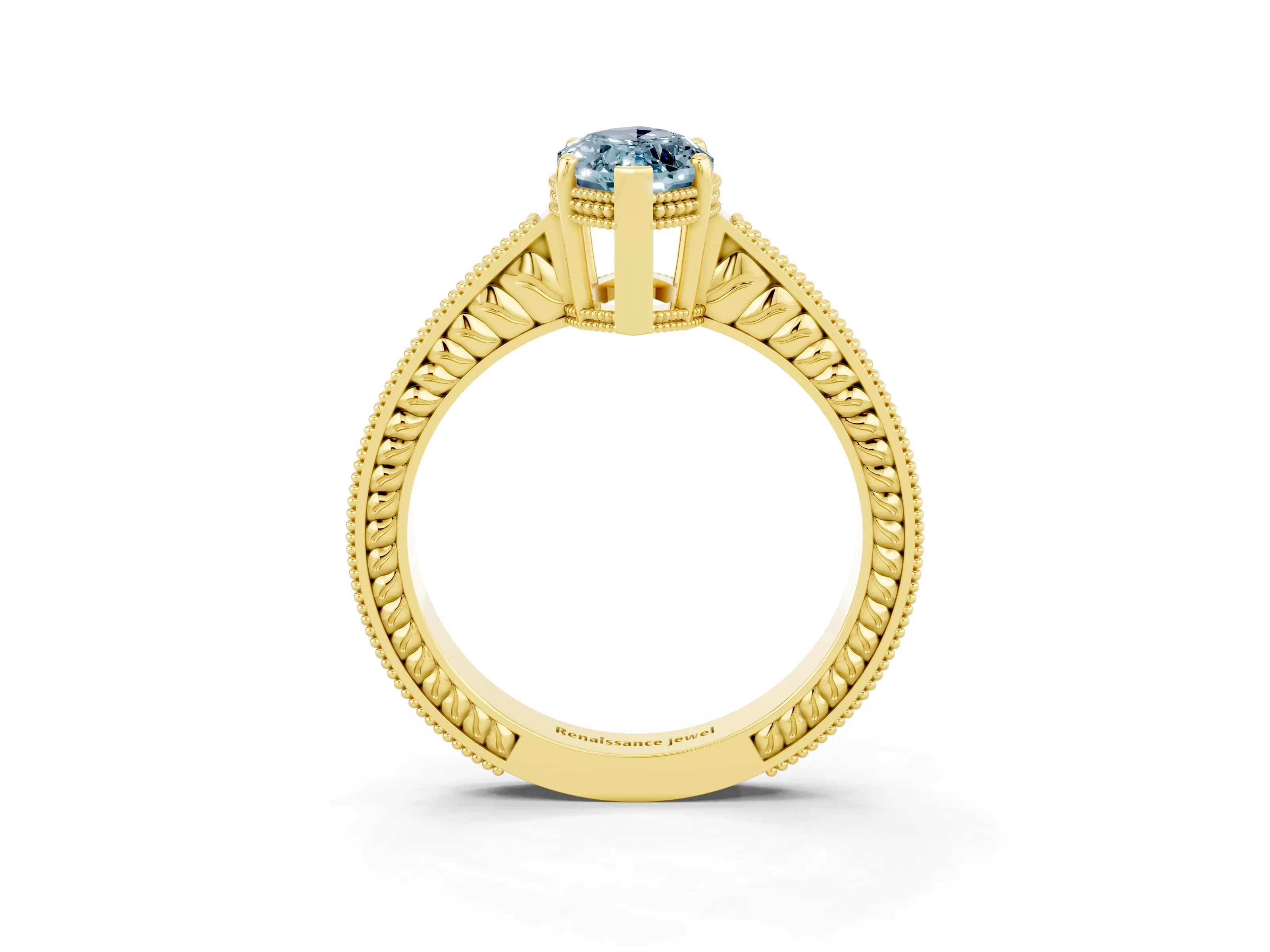 Yellow gold Marquise Cut Aquamarine Engagement Ring with Milgrain Channel Set Band and Prong Setting_3