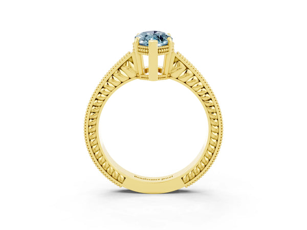 Yellow gold Marquise Cut Aquamarine Engagement Ring with Milgrain Channel Set Band and Prong Setting