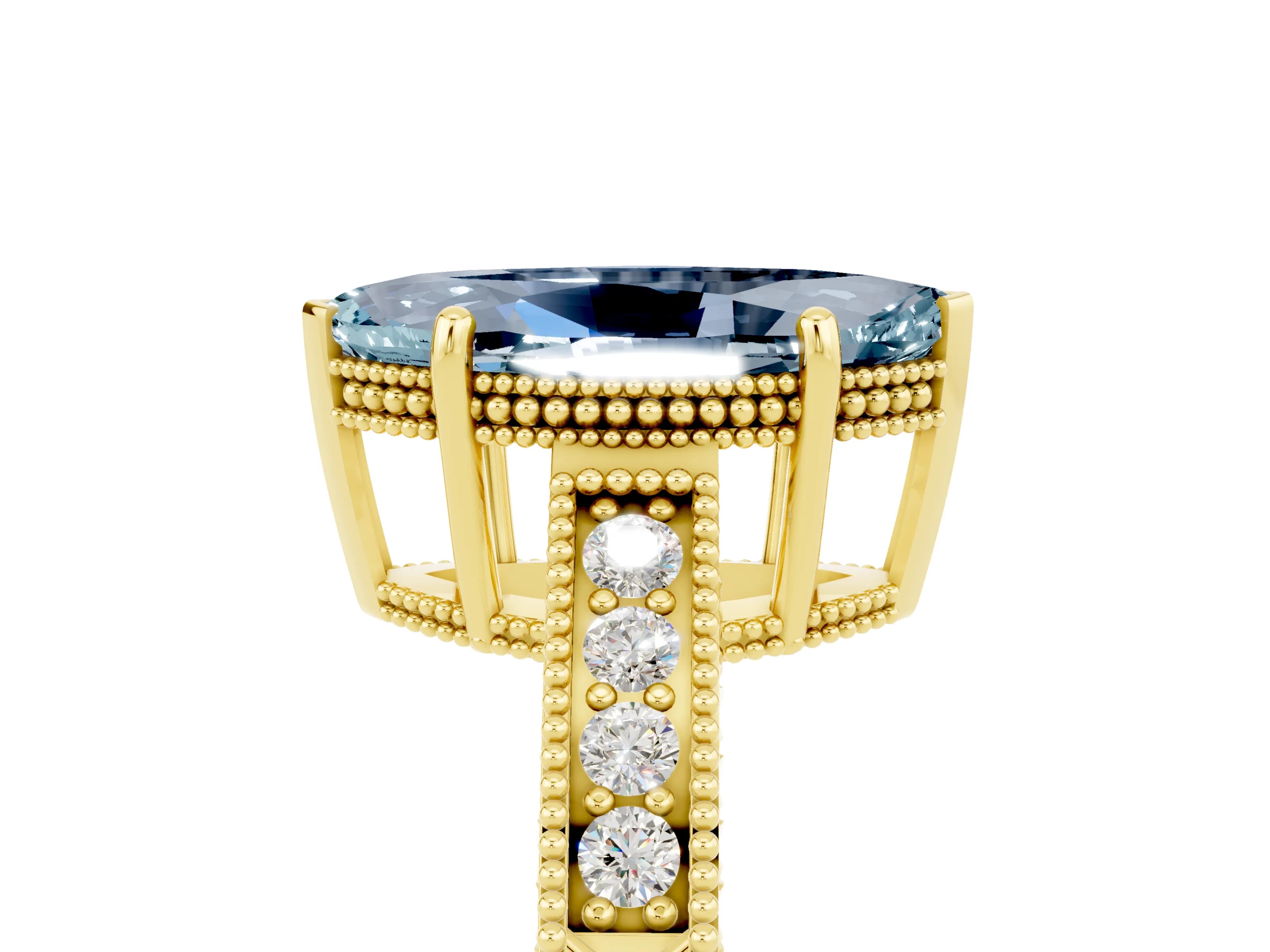 Yellow gold Marquise Cut Aquamarine Engagement Ring with Milgrain Channel Set Band and Prong Setting_5