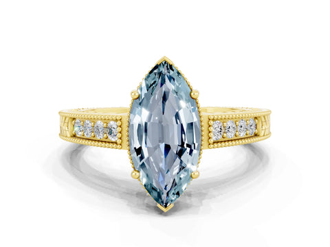 Yellow gold Marquise Cut Aquamarine Engagement Ring with Milgrain Channel Set Band and Prong Setting