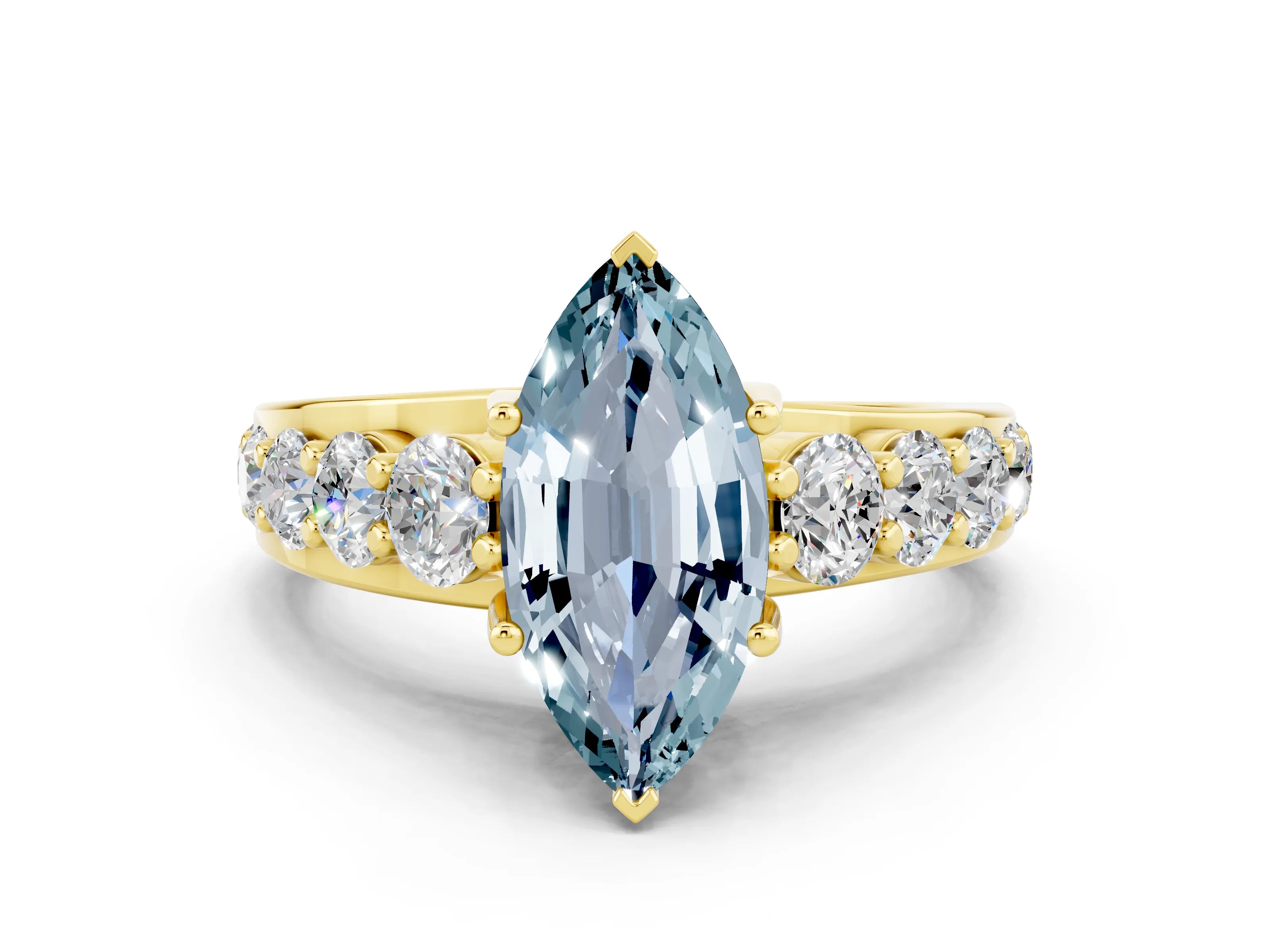 Yellow gold Marquise Cut Aquamarine Engagement Ring with Pavé Band and Four-Prong Setting