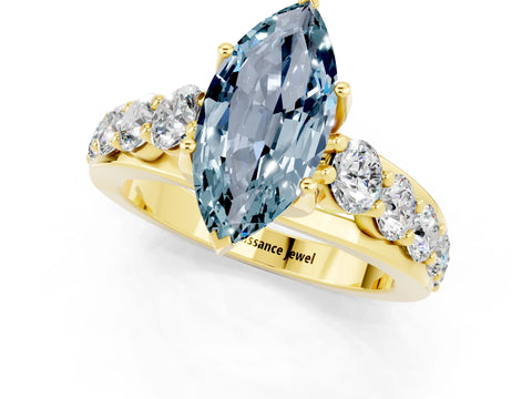 Yellow gold Marquise Cut Aquamarine Engagement Ring with Pavé Band and Four-Prong Setting_1