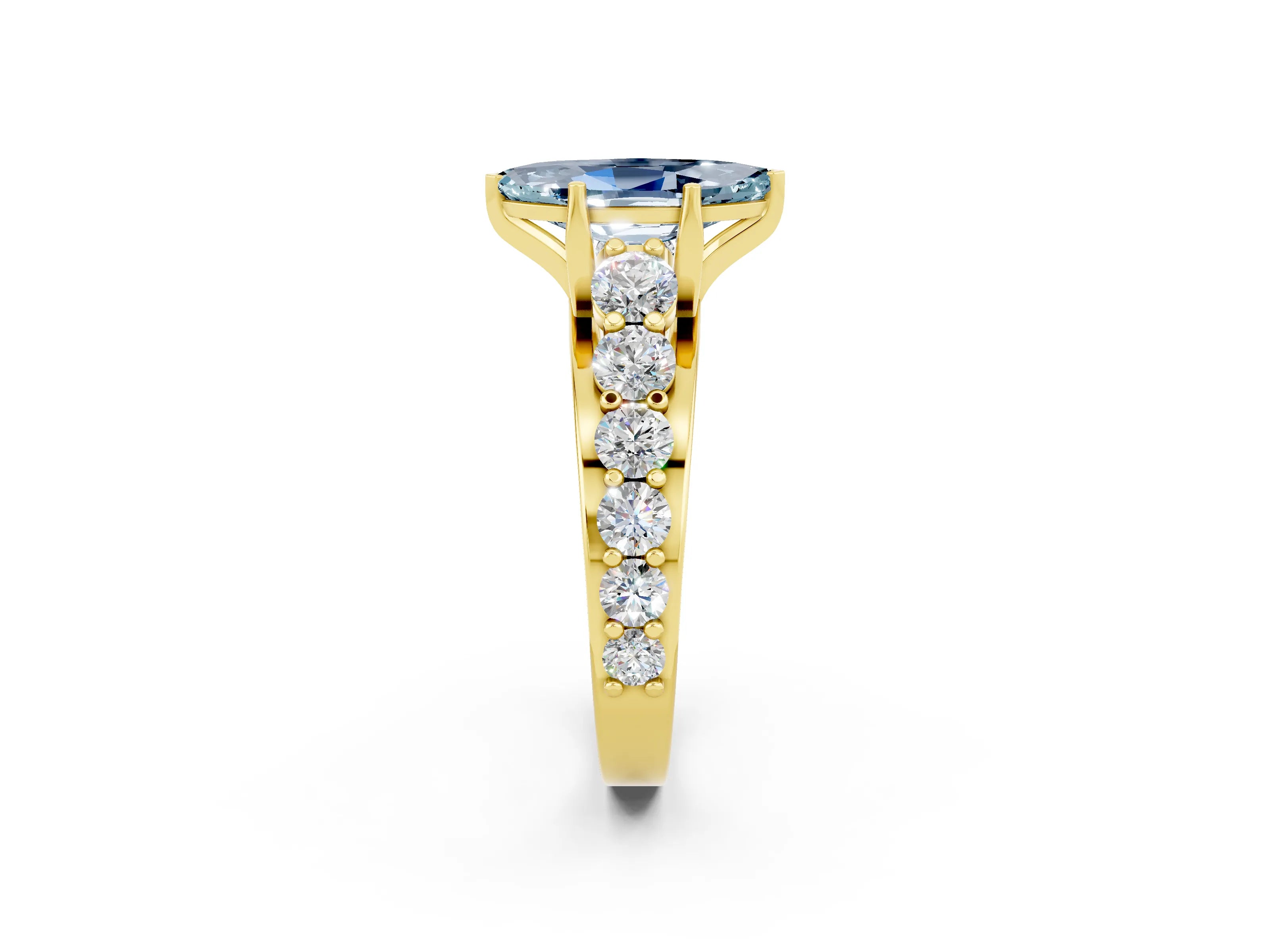 Yellow gold Marquise Cut Aquamarine Engagement Ring with Pavé Band and Four-Prong Setting_2