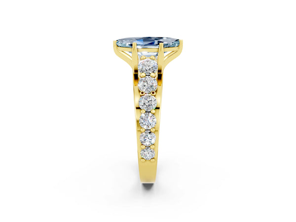Yellow gold Marquise Cut Aquamarine Engagement Ring with Pavé Band and Four-Prong Setting