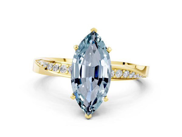 Yellow gold Marquise Cut Aquamarine Engagement Ring with Side Stone Accents and Four-Prong Setting