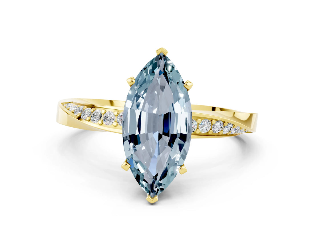 Yellow gold Marquise Cut Aquamarine Engagement Ring with Side Stone Accents and Four-Prong Setting_60
