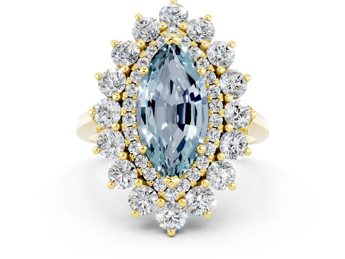 Yellow gold Marquise Cut Aquamarine Floral Double Halo Engagement Ring with Prong Setting_60