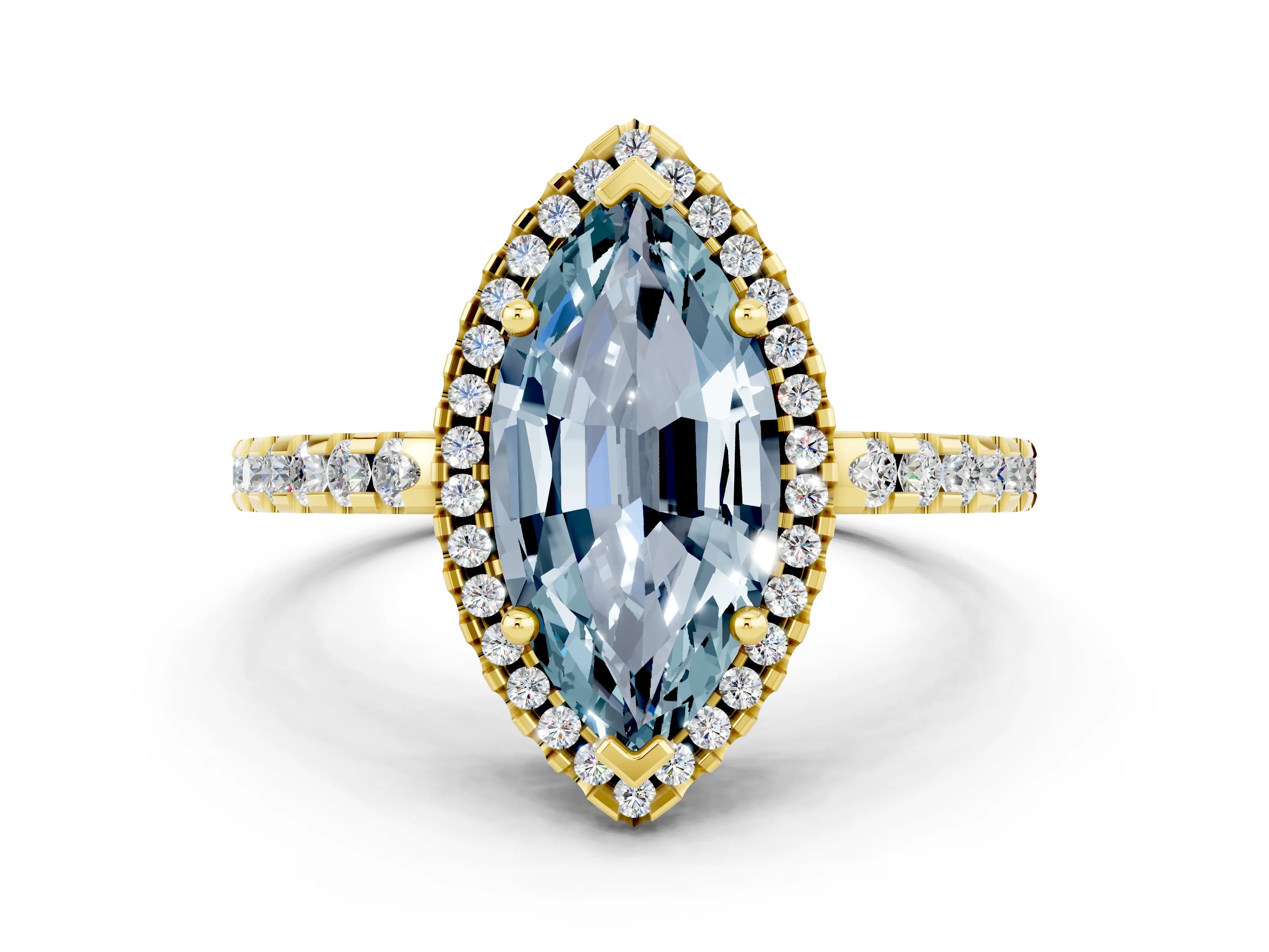 Yellow gold Marquise Cut Aquamarine Halo Engagement Ring with Pavé Band and Prong Setting_12