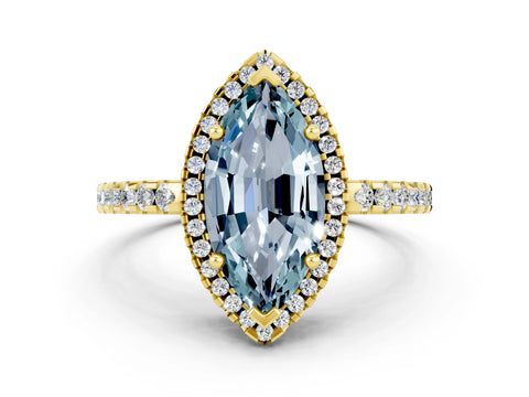Yellow gold Marquise Cut Aquamarine Halo Engagement Ring with Pavé Band and Prong Setting_12