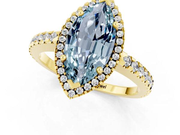 Yellow gold Marquise Cut Aquamarine Halo Engagement Ring with Pavé Band and Prong Setting
