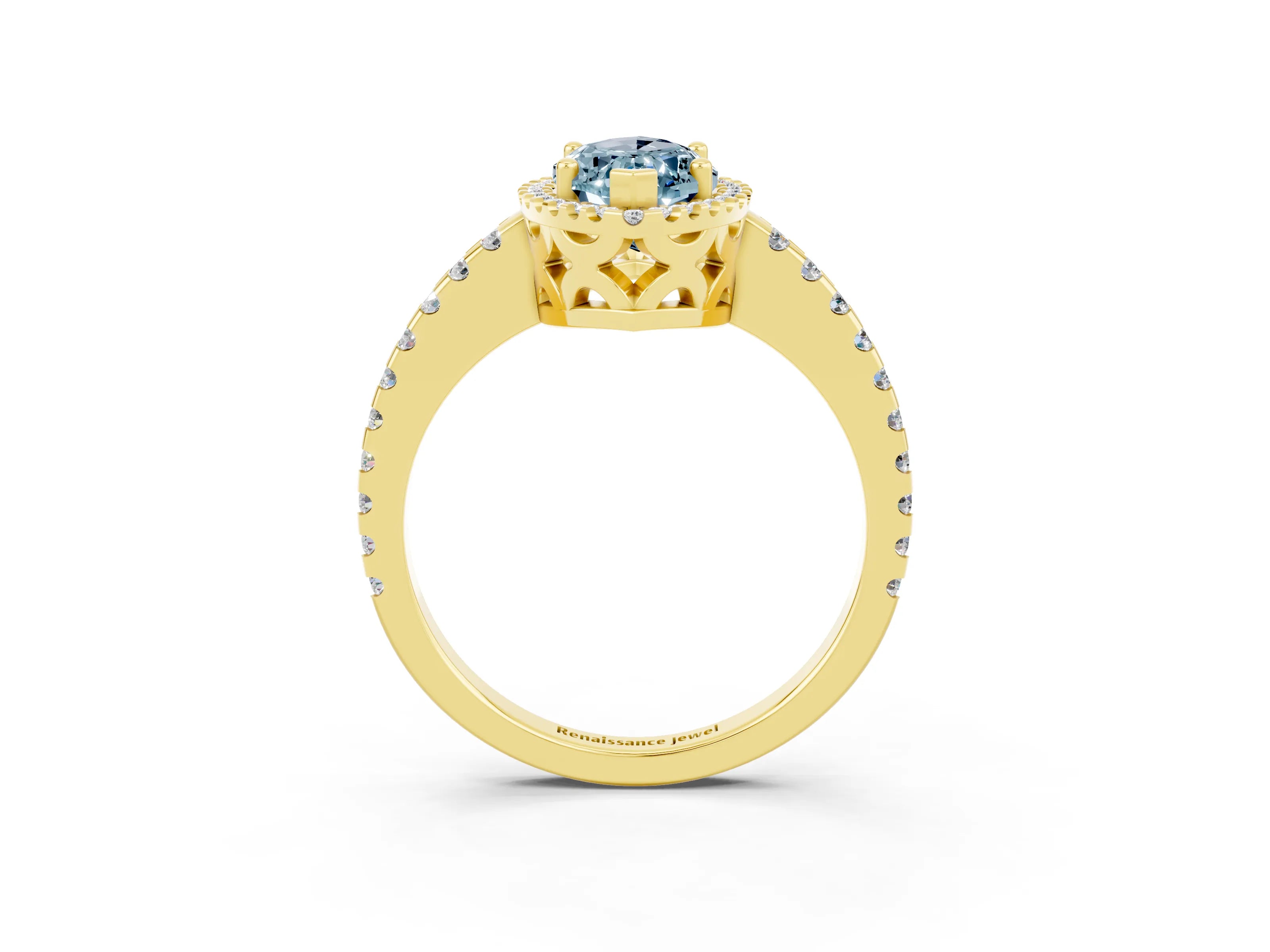 Yellow gold Marquise Cut Aquamarine Halo Engagement Ring with Pavé Band and Prong Setting_15