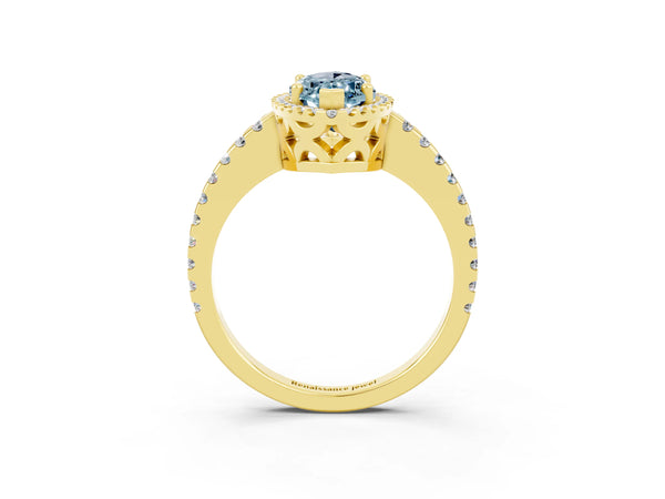 Yellow gold Marquise Cut Aquamarine Halo Engagement Ring with Pavé Band and Prong Setting