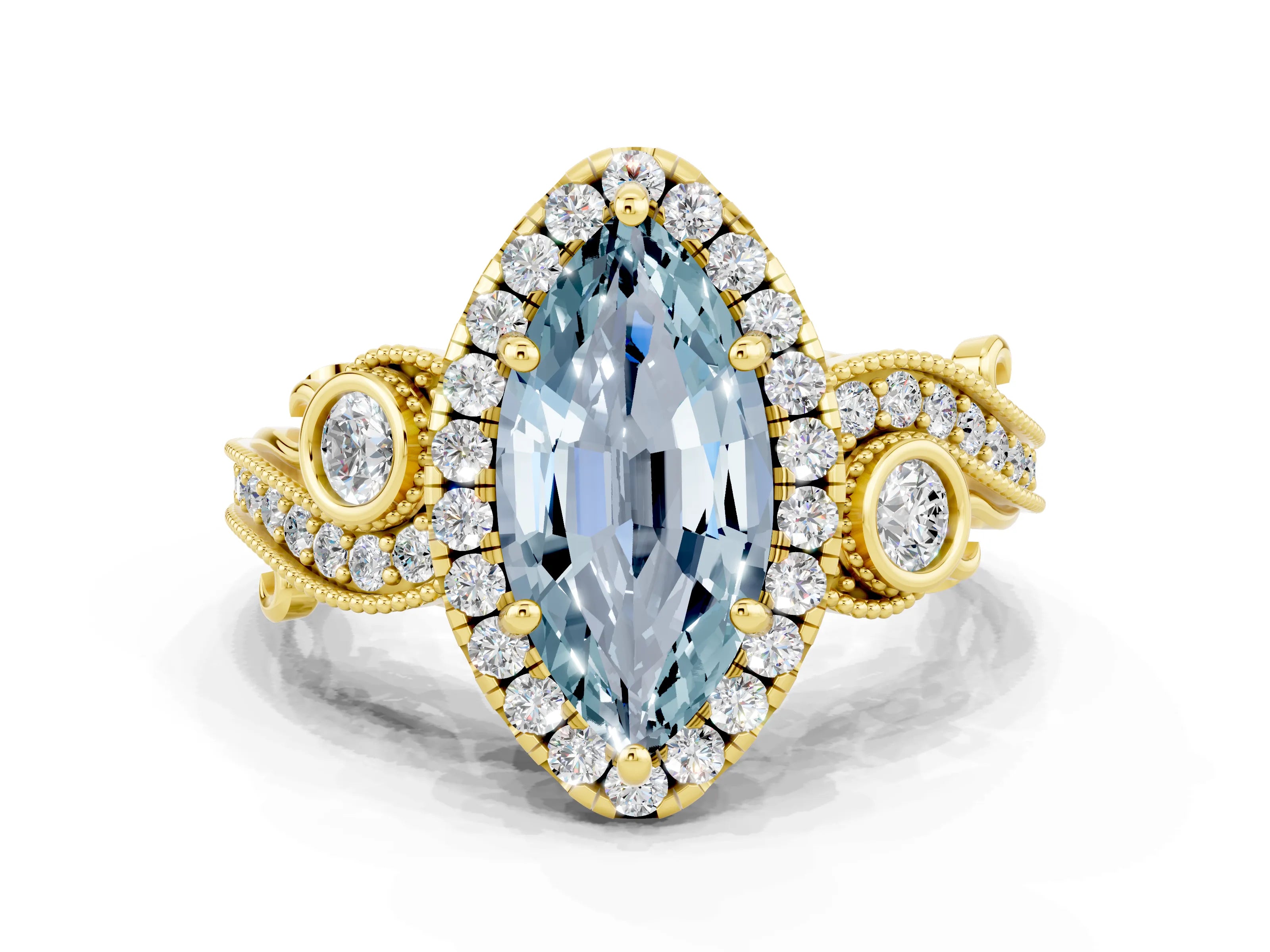 Yellow gold Marquise Cut Aquamarine Halo Ring with Milgrain Pavé Band and Four-Prong Setting_24