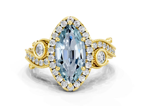 Yellow gold Marquise Cut Aquamarine Halo Ring with Milgrain Pavé Band and Four-Prong Setting_24