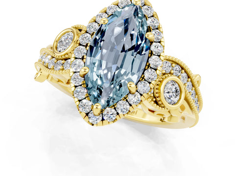 Yellow gold Marquise Cut Aquamarine Halo Ring with Milgrain Pavé Band and Four-Prong Setting_25