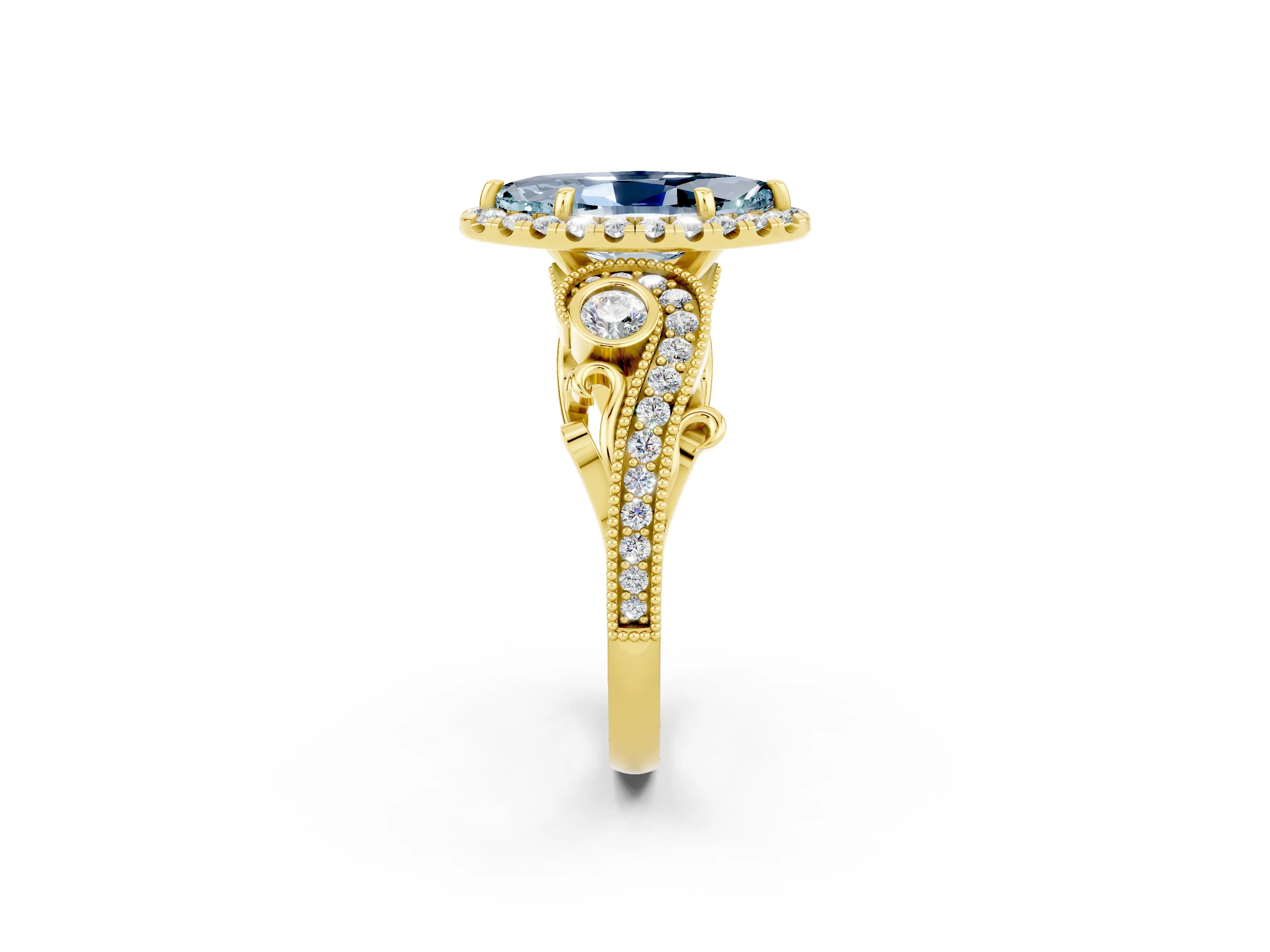 Yellow gold Marquise Cut Aquamarine Halo Ring with Milgrain Pavé Band and Four-Prong Setting_26
