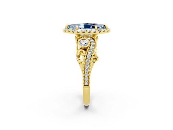 Yellow gold Marquise Cut Aquamarine Halo Ring with Milgrain Pavé Band and Four-Prong Setting