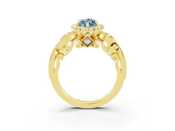 Yellow gold Marquise Cut Aquamarine Halo Ring with Milgrain Pavé Band and Four-Prong Setting