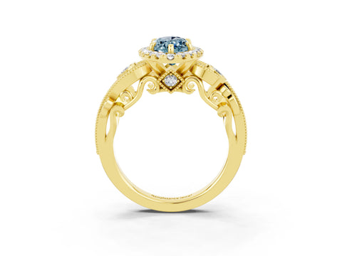 Yellow gold Marquise Cut Aquamarine Halo Ring with Milgrain Pavé Band and Four-Prong Setting_27