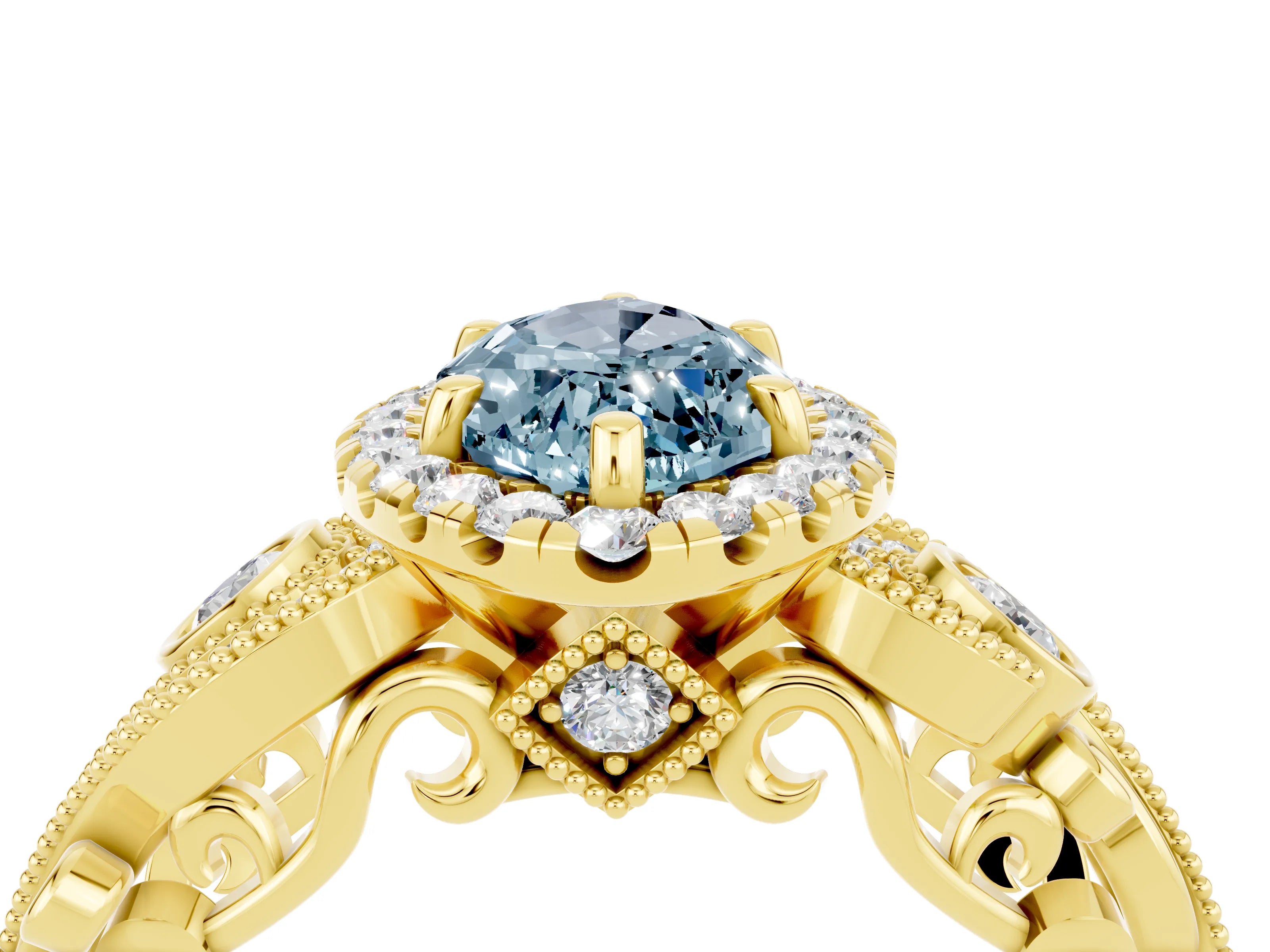 Yellow gold Marquise Cut Aquamarine Halo Ring with Milgrain Pavé Band and Four-Prong Setting_28