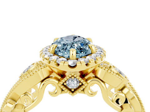 Yellow gold Marquise Cut Aquamarine Halo Ring with Milgrain Pavé Band and Four-Prong Setting_28