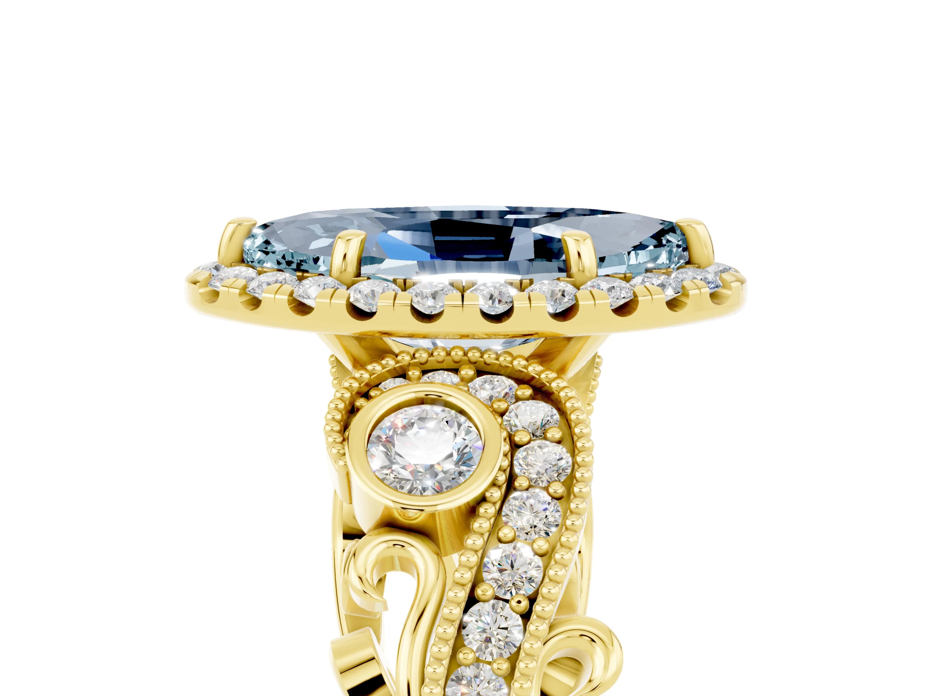 Yellow gold Marquise Cut Aquamarine Halo Ring with Milgrain Pavé Band and Four-Prong Setting_29