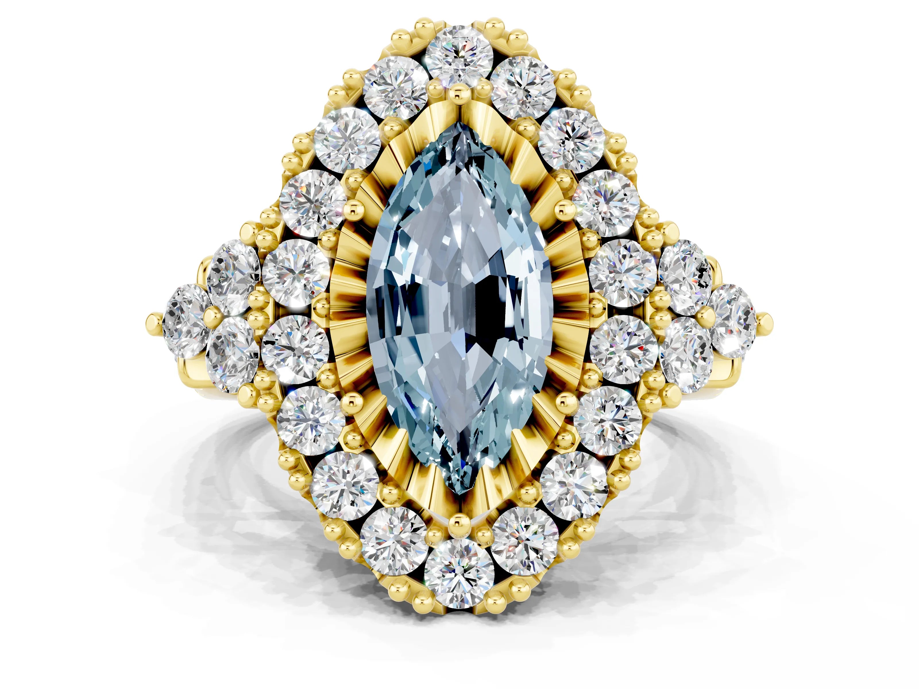 Yellow gold Marquise Cut Aquamarine Halo Ring with Pavé Band and Four-Prong Setting_12
